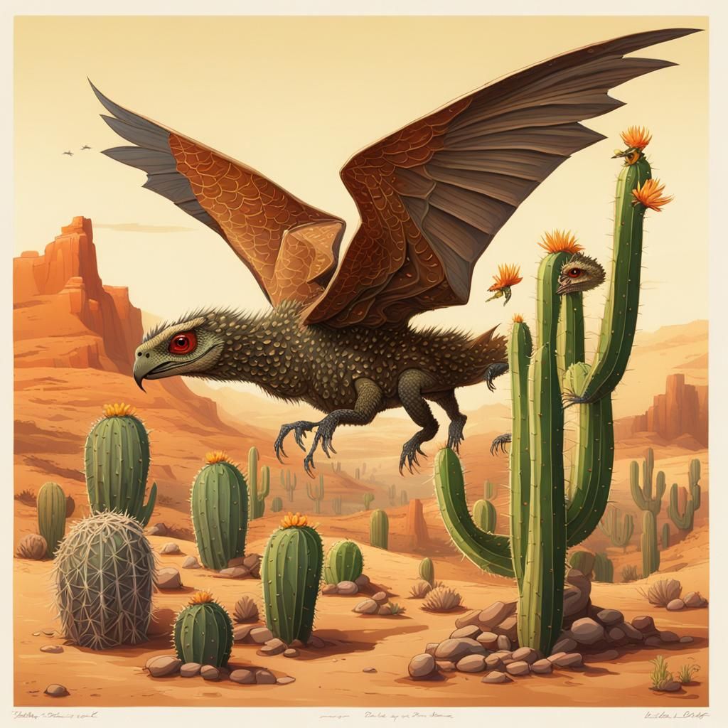 Flying Desert Reptile with Cactus Flowers, Hyperrealistic Ar...