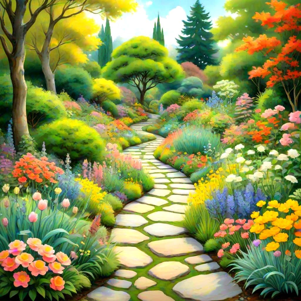 A Serene Garden Scene in Vibrant Colors