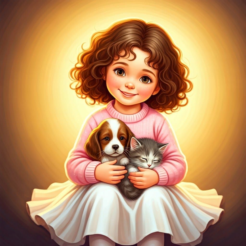 Girl with Puppy and Kitten, Whimsical Illustration