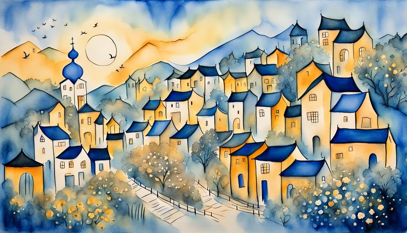 Surrealist Village as Watercolor Painting with Golden Light