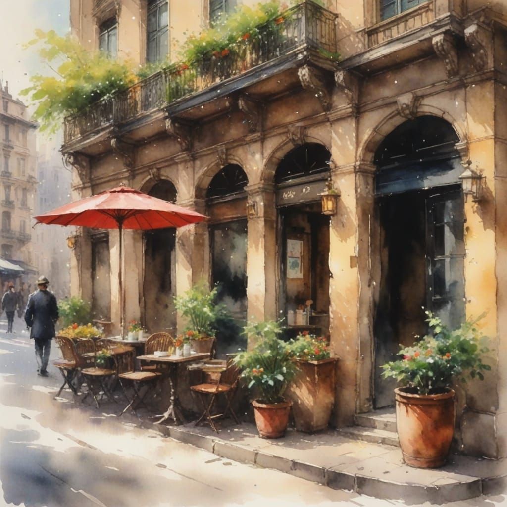Whimsical Milanese Cafe Scene in Vibrant Acrylic Watercolour