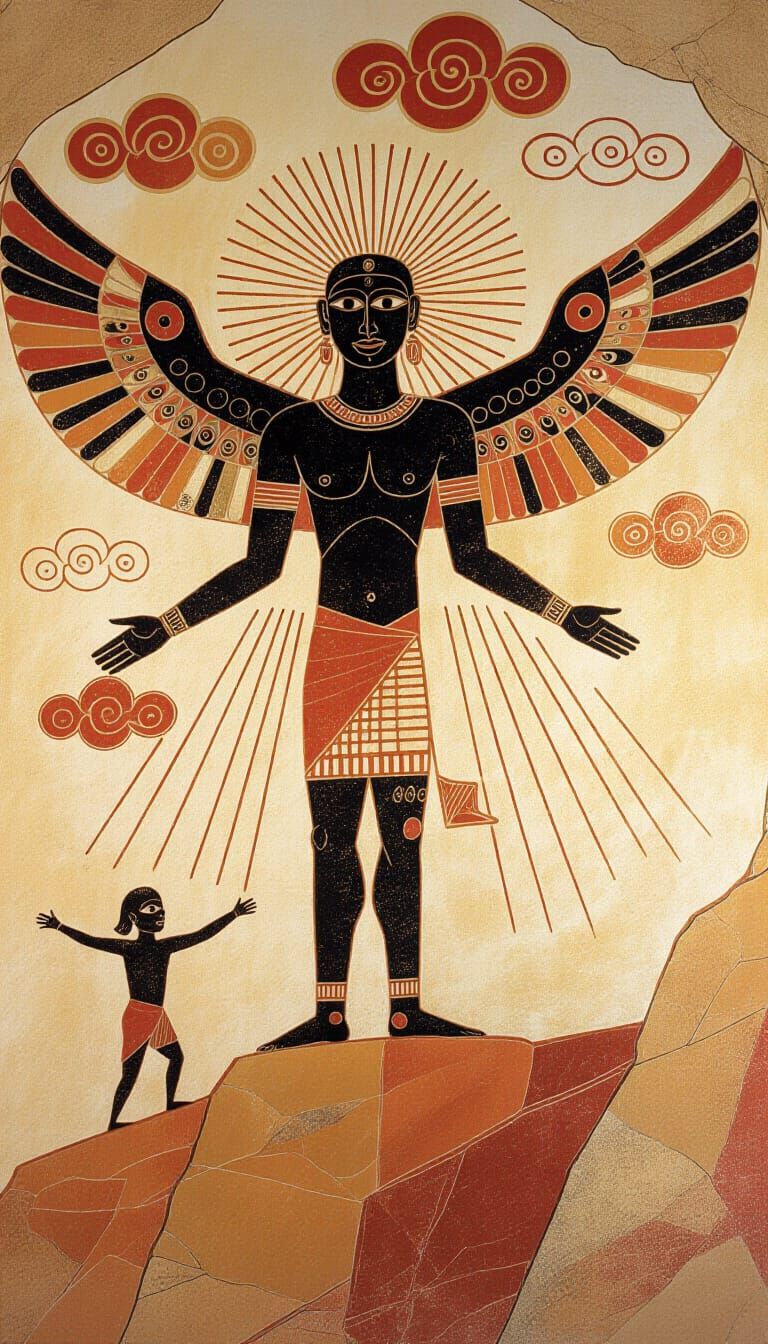 Ancient Cave Painting of Winged Being with Halo