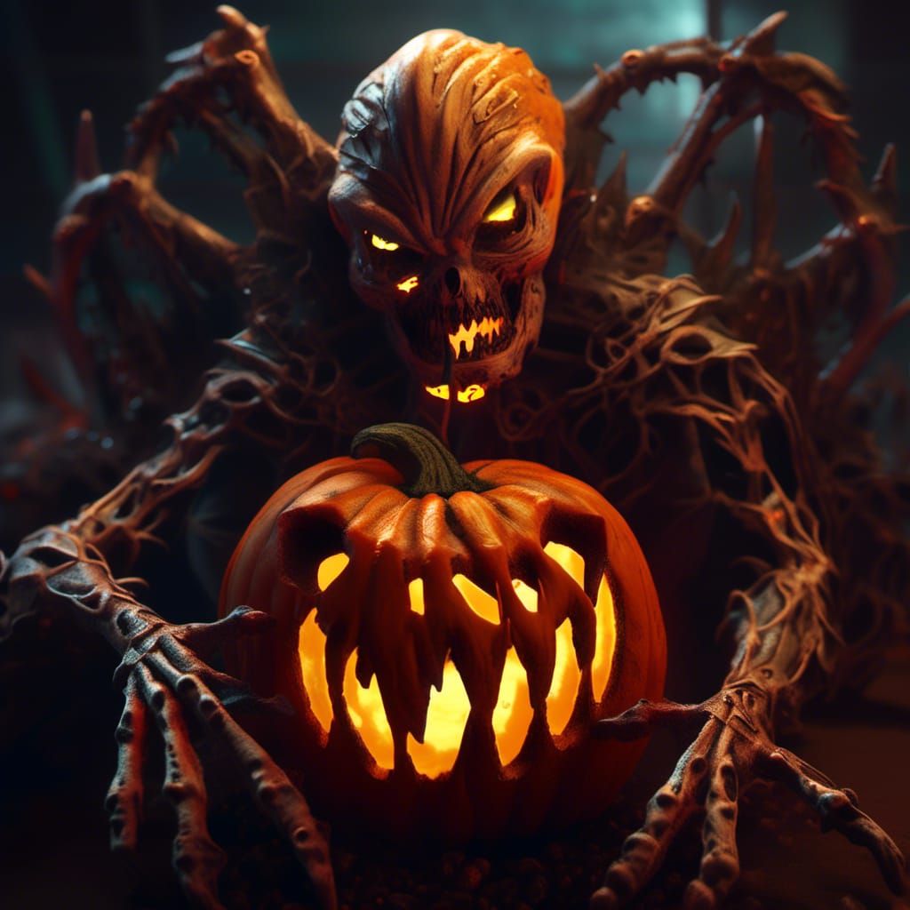 Cursed Undead Pumpkin Ghoul with Spider Tattoos