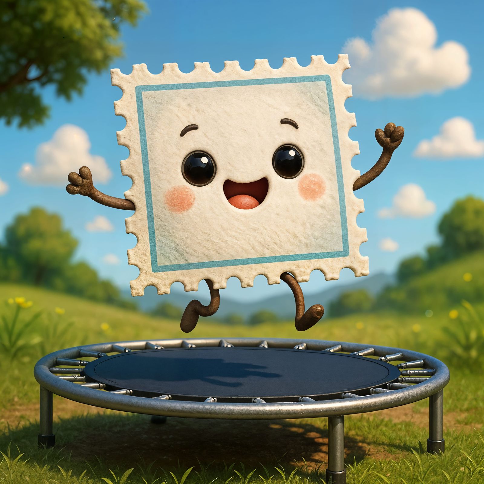 Adorable Postage Stamp Jumps on Trampoline in CGI