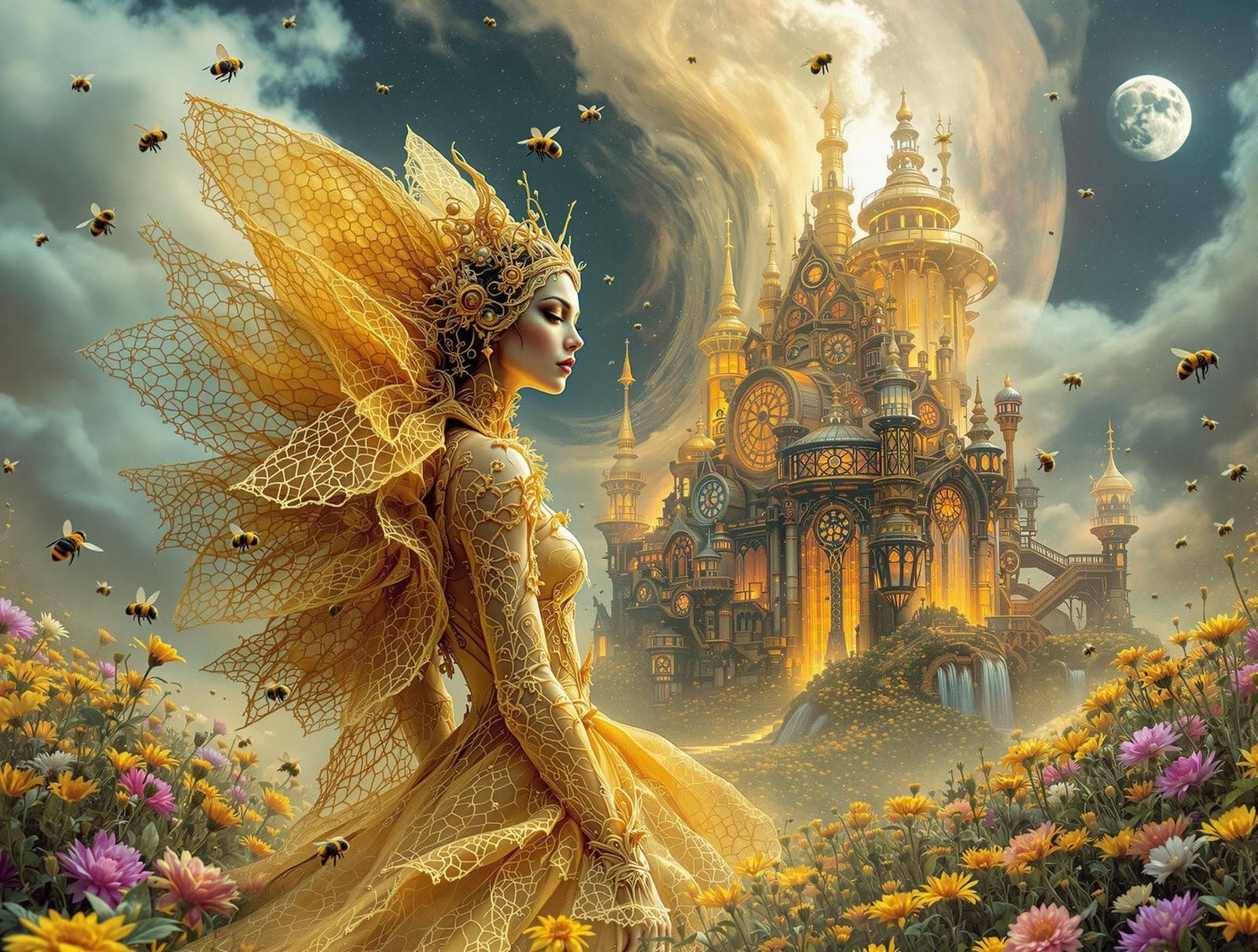 Mystical Queen Bee in Victorian-Inspired Exosuit Amidst Whim...