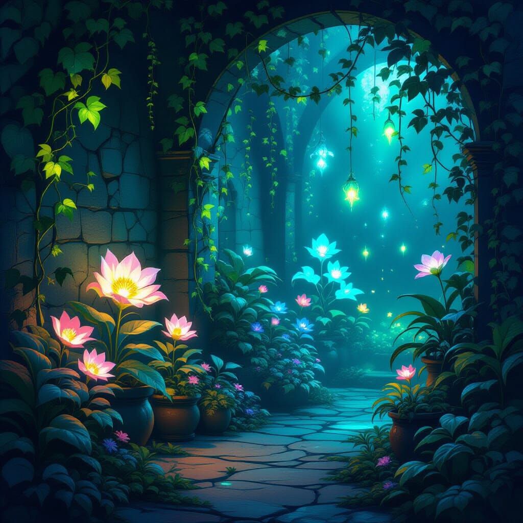 Glowing Magical Plants in Dim Room