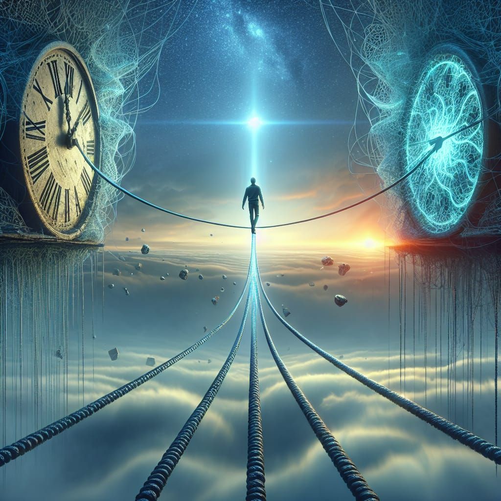 Surreal Person Walks Time Tightrope Between Crumbling Clocks