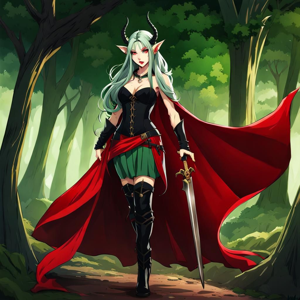 Anime Elf Thief with Horns in Red Outfit