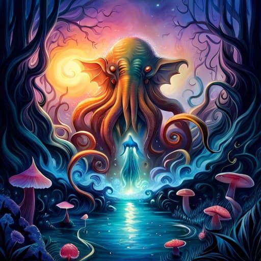 Epic Cthulhu Emerges From Water: Fantasy Illustration