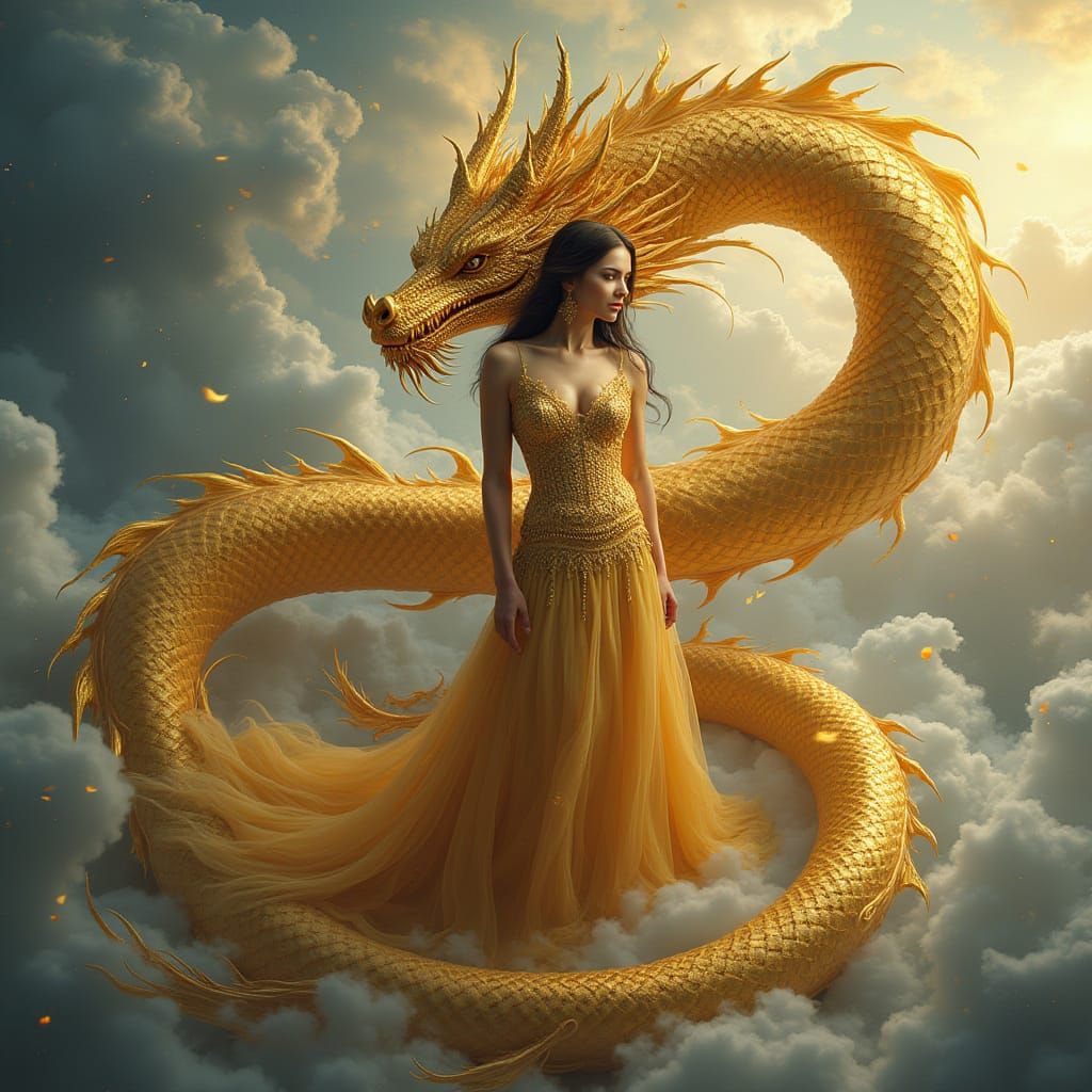 Golden Dragon Coiling Around Woman in Gown