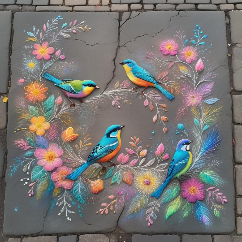 Chalk Art: Birds and Flowers on Pavement