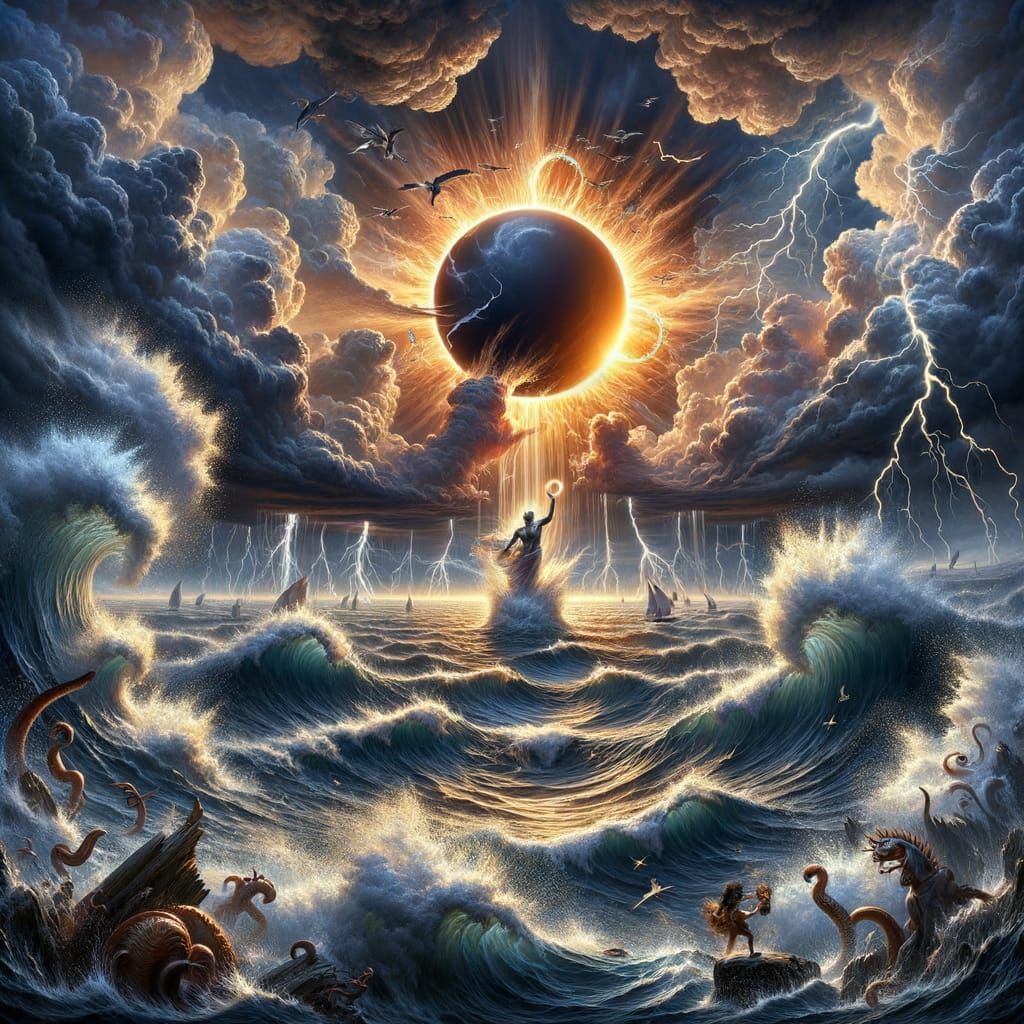 Poseidon Commands Ring of Fire Eclipse Over Turbulent Ocean