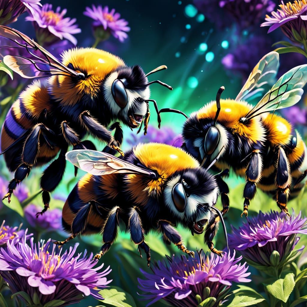 Surreal Psychedelic Bees in Vibrant Floral Realm