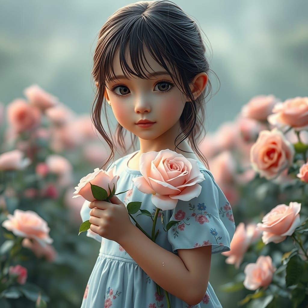 Girl with Rose in Rainy Garden, Photorealistic Style