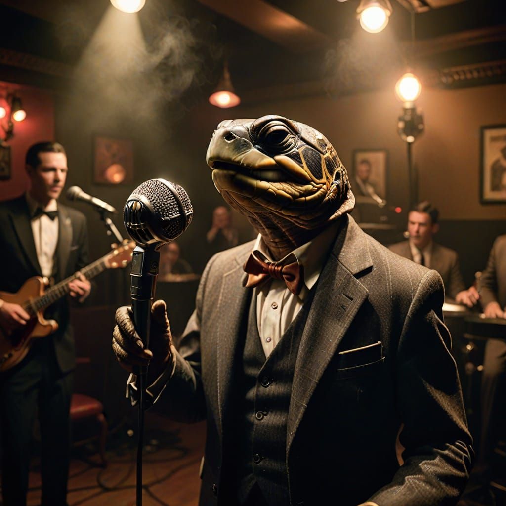 Turtle Jazz Singer on Stage in Nightclub