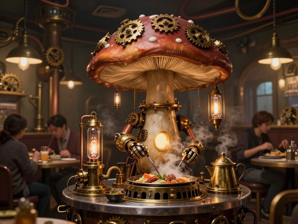 Steampunk Mushroom Chef in a Bustling Cafeteria