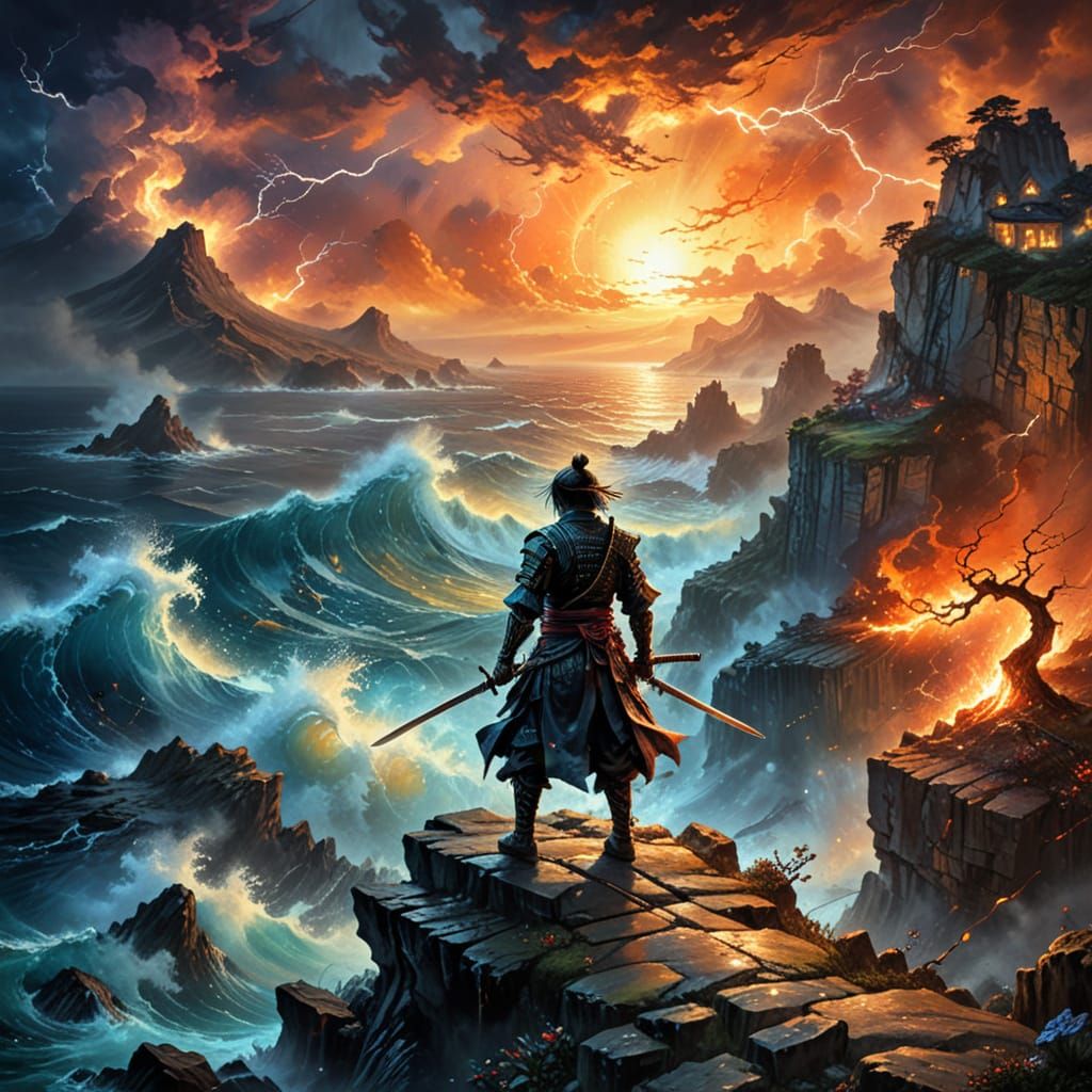 Samurai Silhouette at Sunset: Psychedelic Art