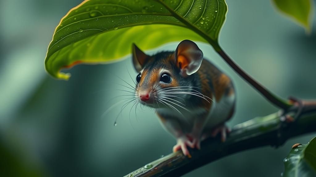 Mouse Sheltering Under Leaf in Rainforest