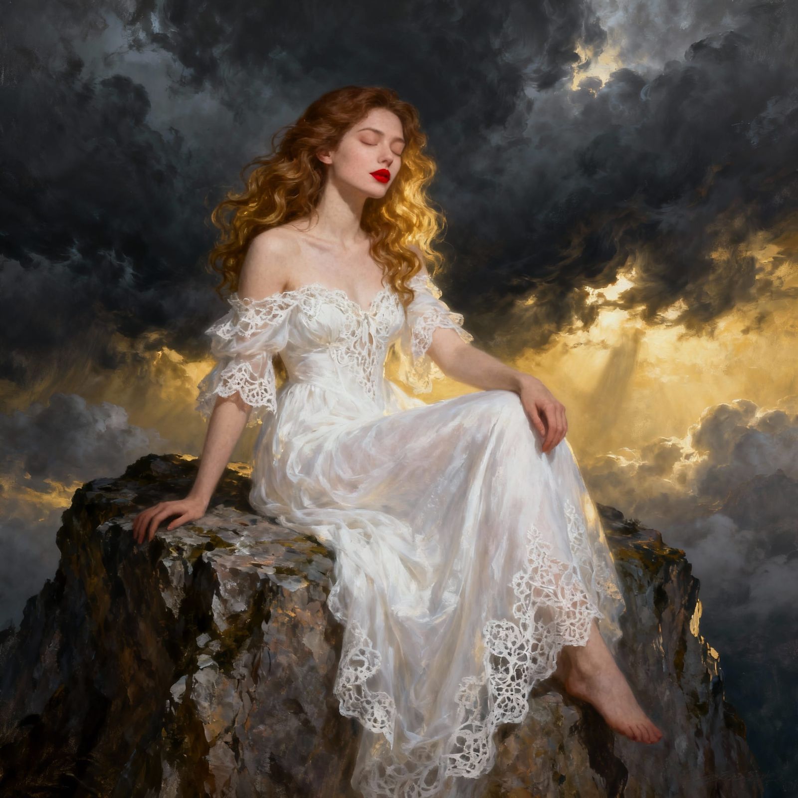 Ethereal Woman on Cliff in Stormy Light