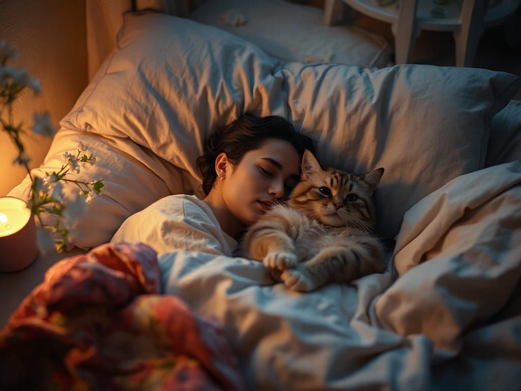 Cozy Bedtime Scene with Persian Cat and Dreamlike Elements