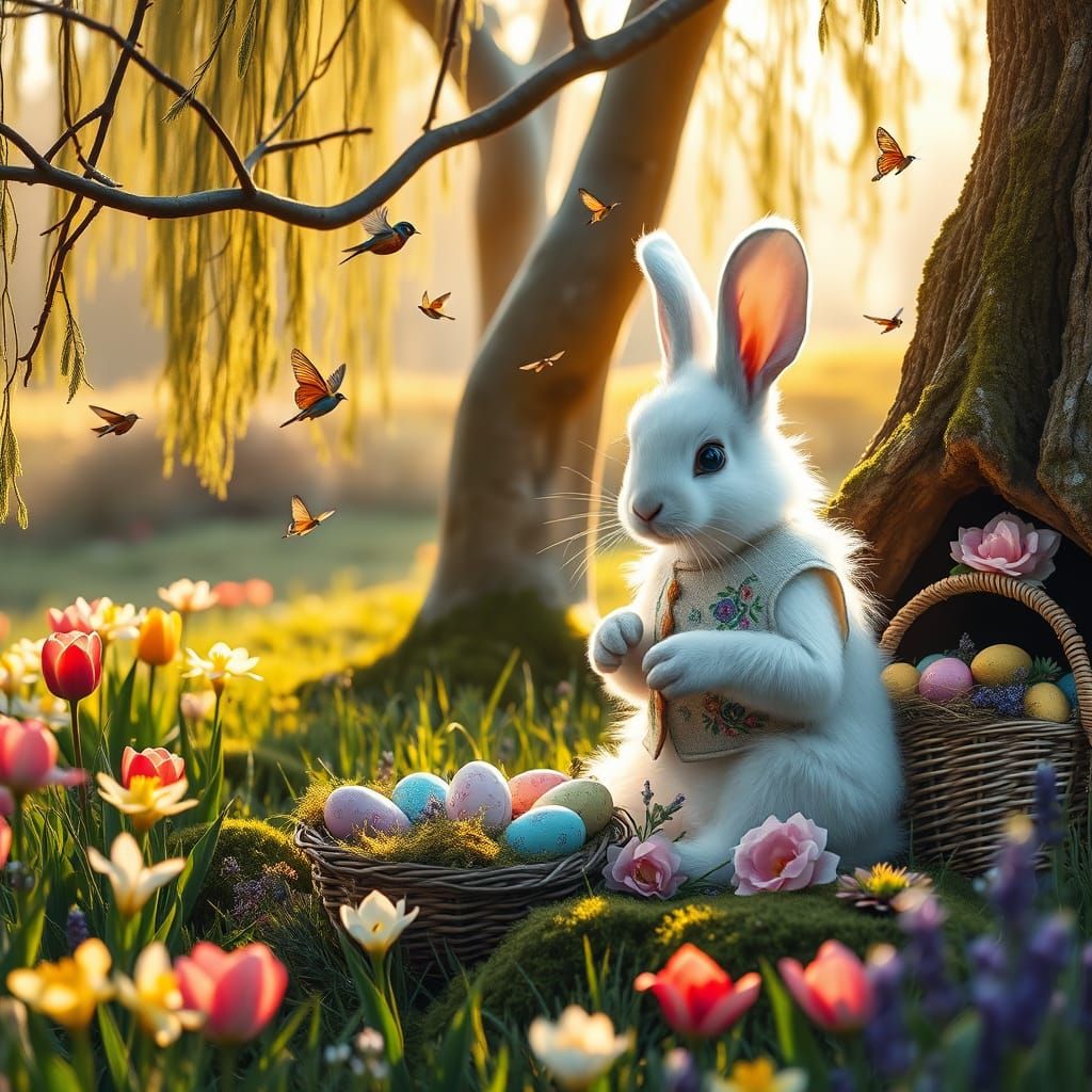 Vibrant Spring Meadow Scene with Easter Bunny and Whimsical ...