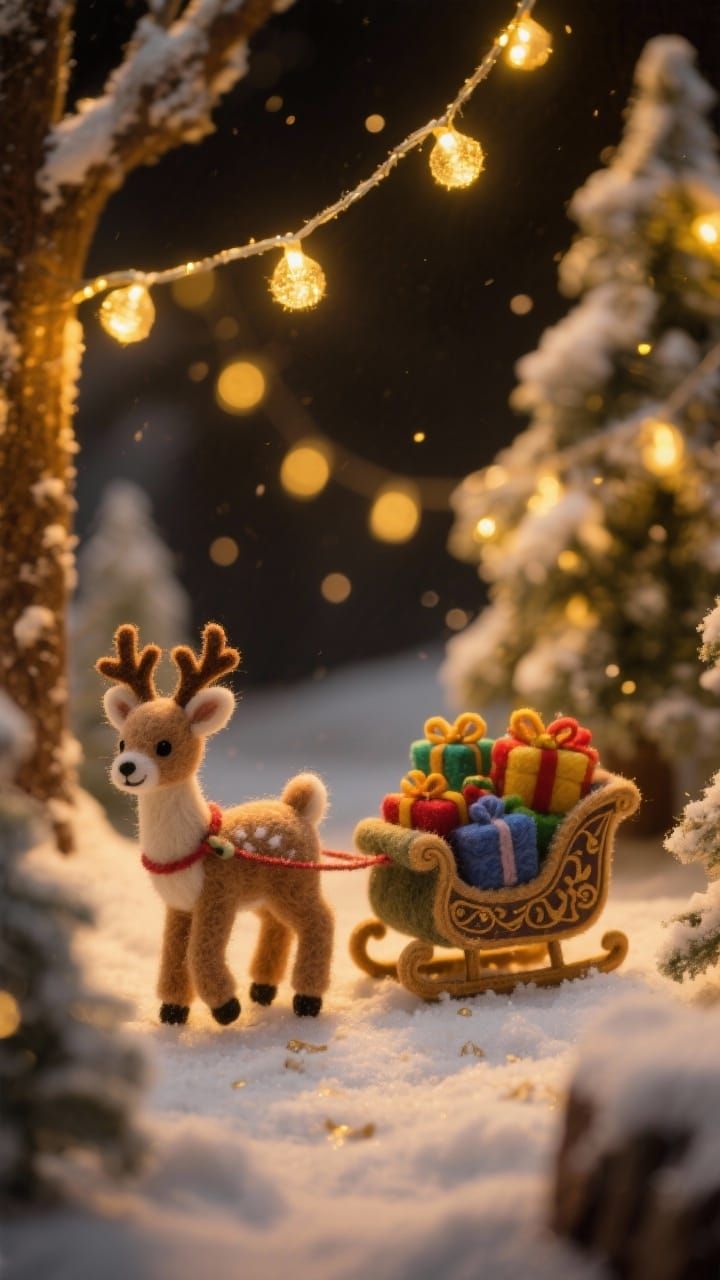 Felted Reindeer Sleigh in Snowy Forest
