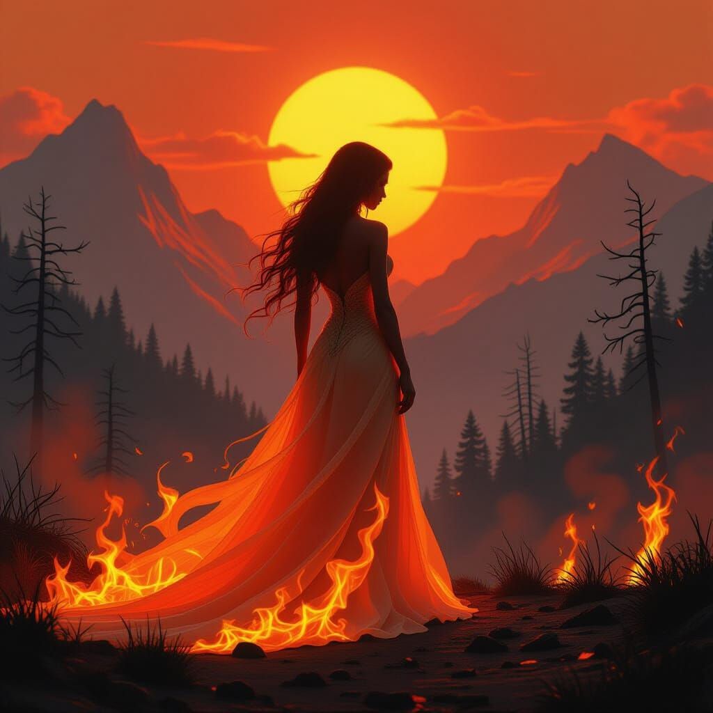 Fiery Humanoid in a Burning Landscape