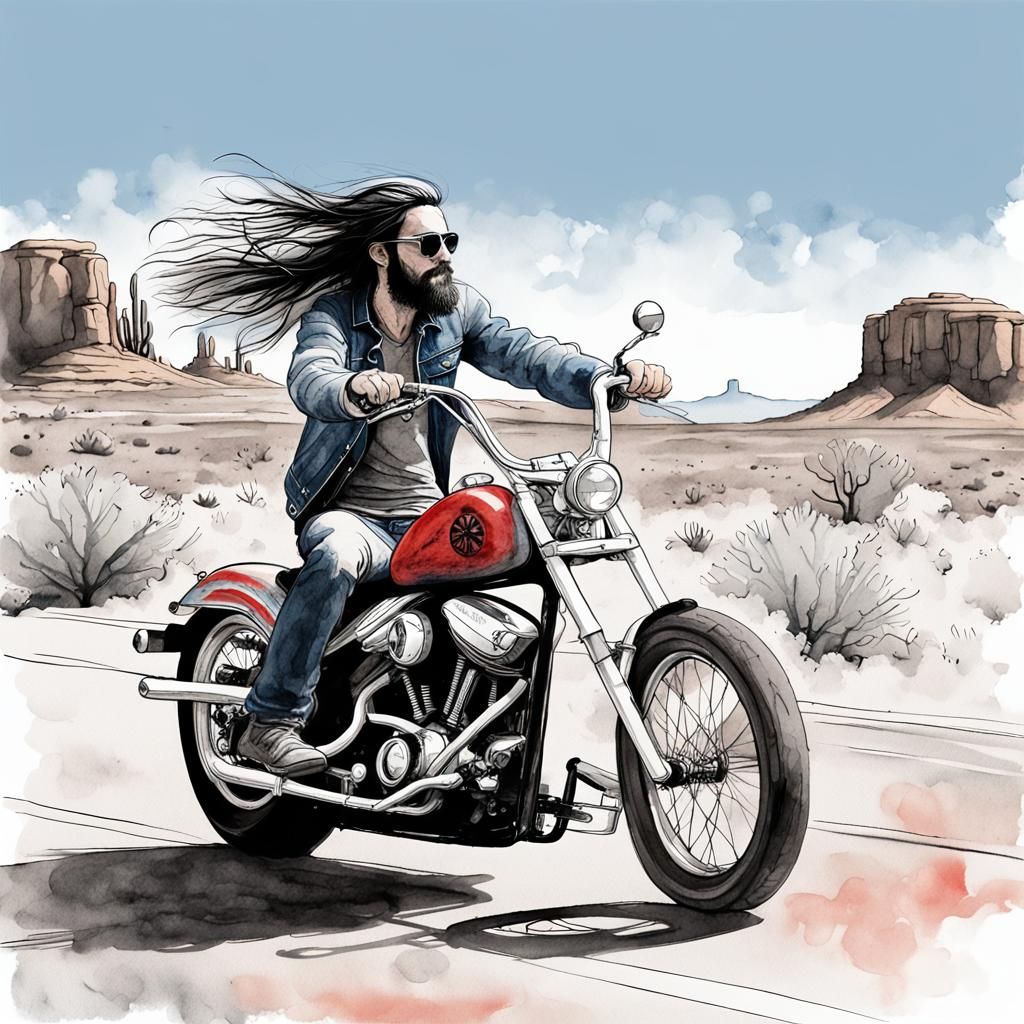 Hippy Chopper Rider in Arizona: Ink Drawing with Retro Vibes