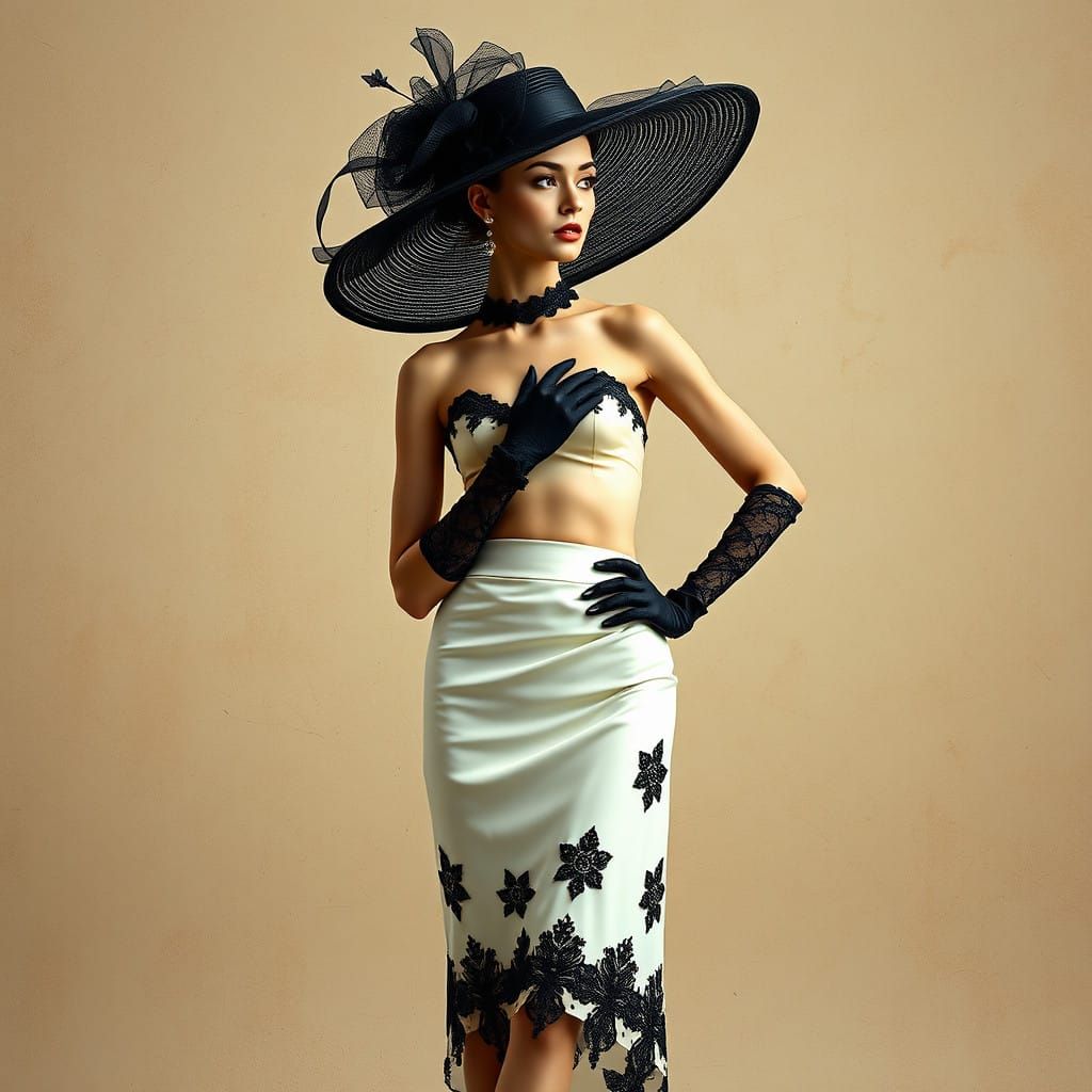 Elegant Woman in White and Black Lace, Confident and Graciou...