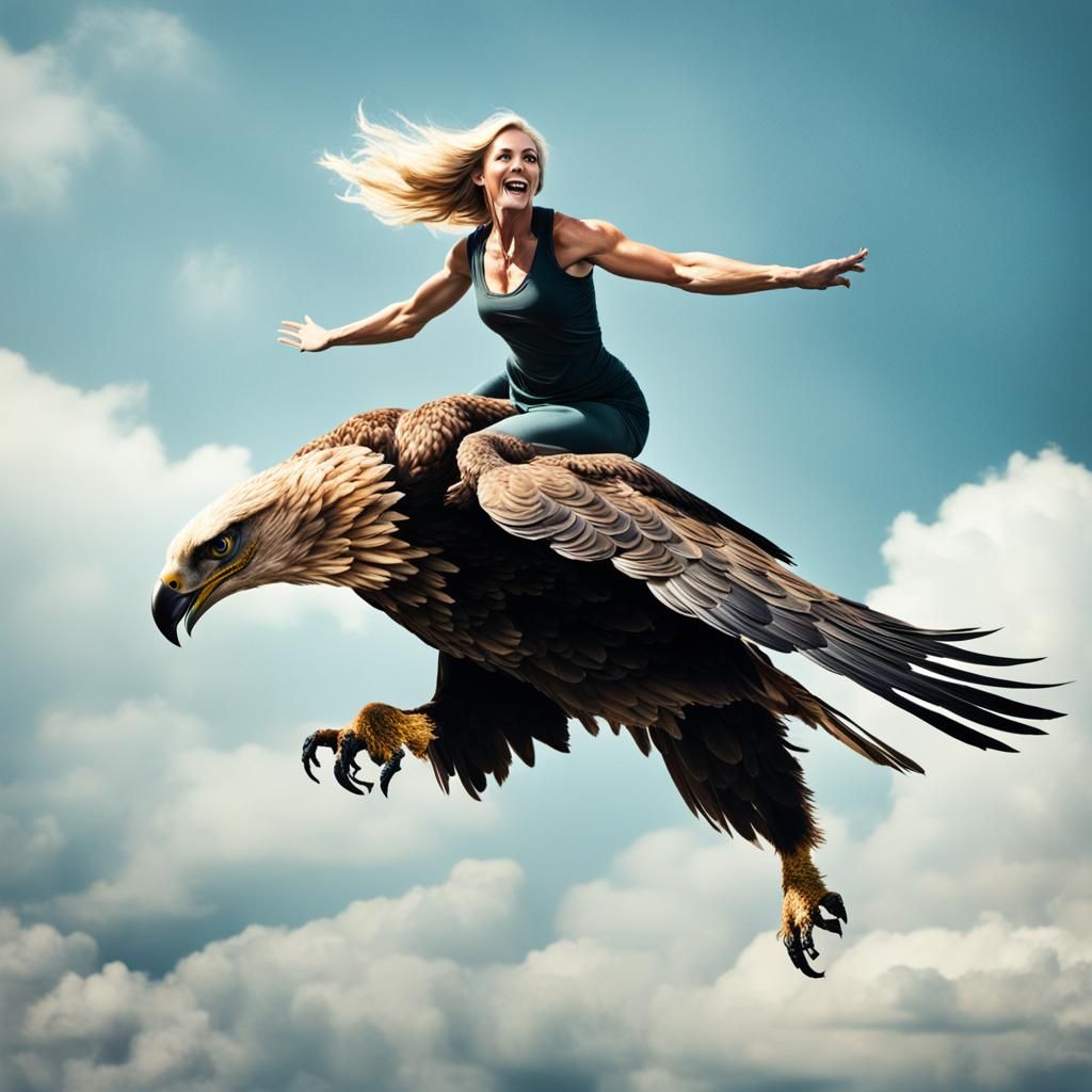 Woman Rides Giant Eagle Through the Sky