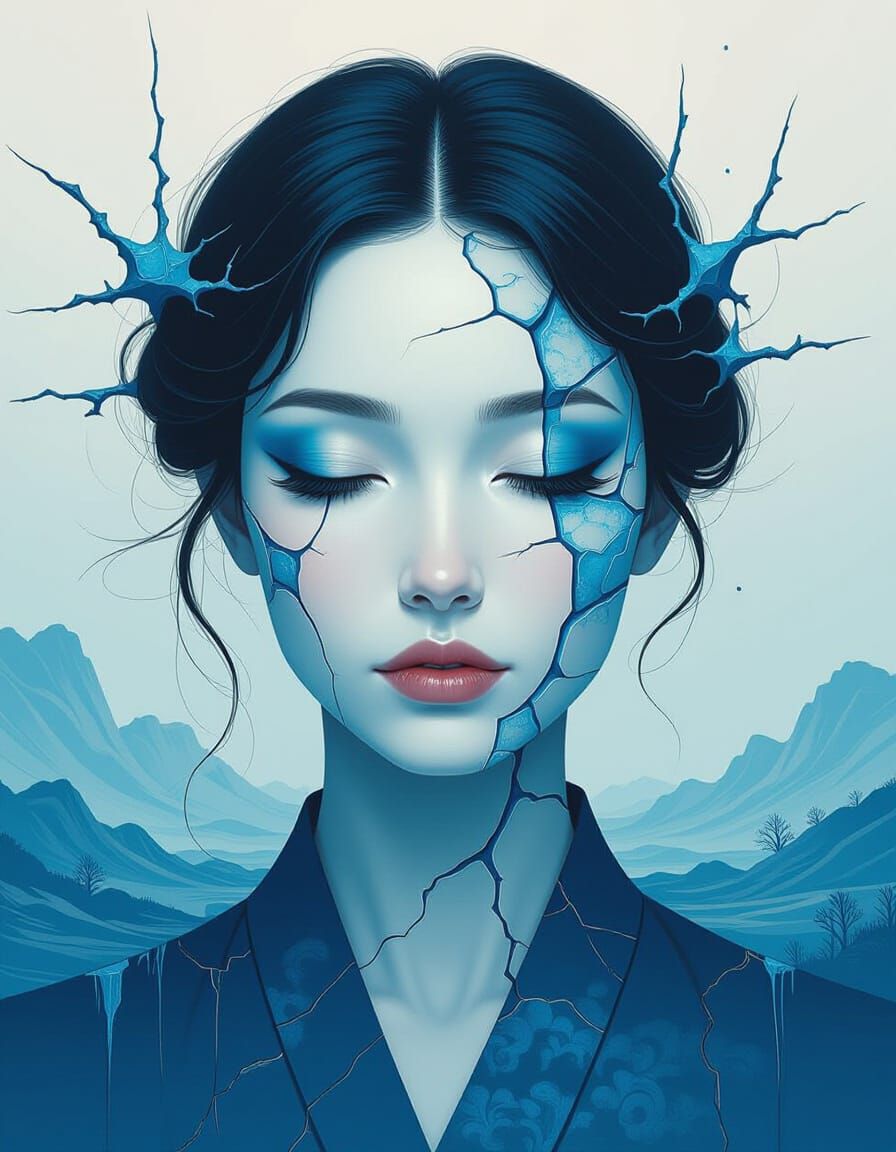 Kintsugi Woman in Dreamlike Landscape as Digital Art