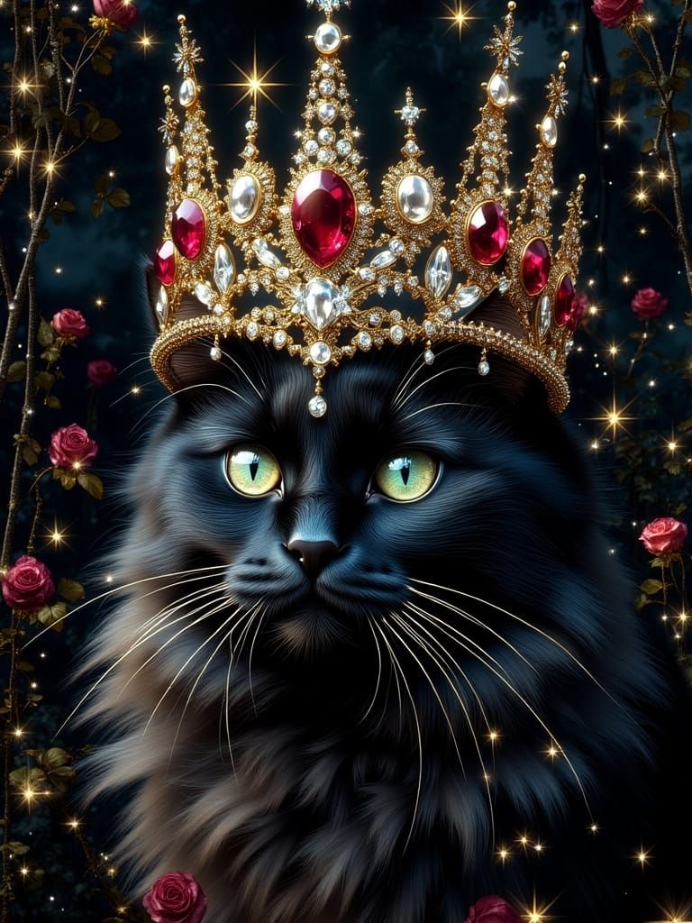 Elegant Black Cat King Wearing Ornate Gemstone Tiara