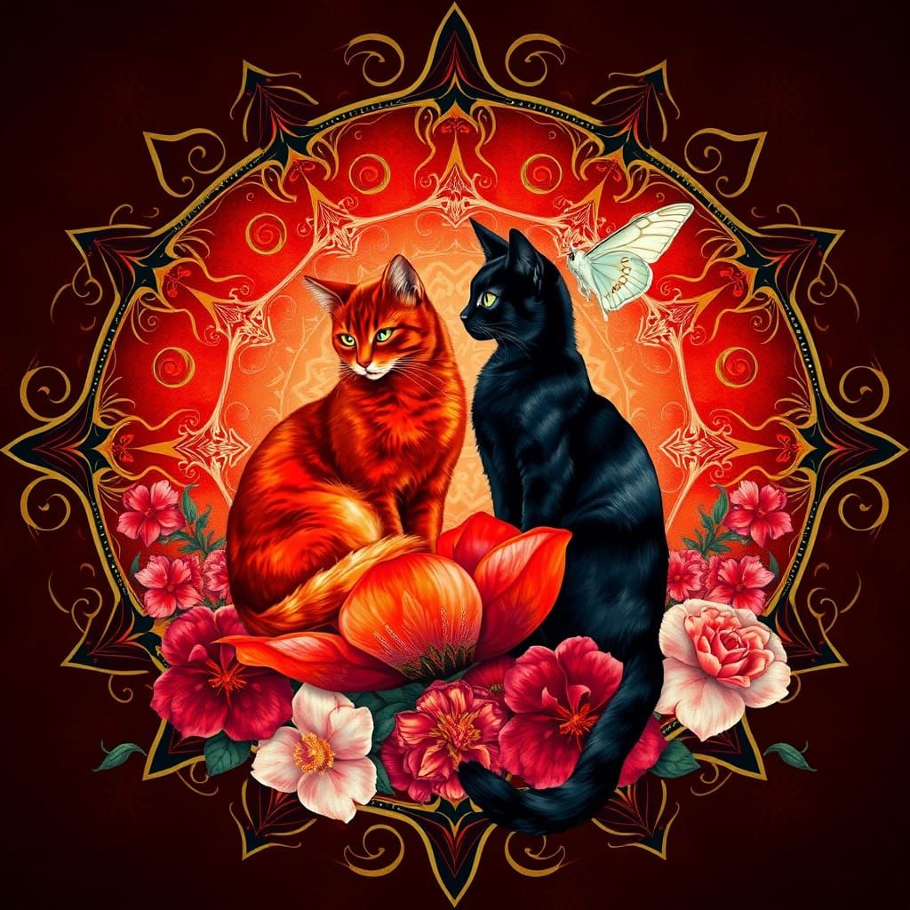 Vibrant Floral Mandalas with Serene Felines in Art Nouveau S...