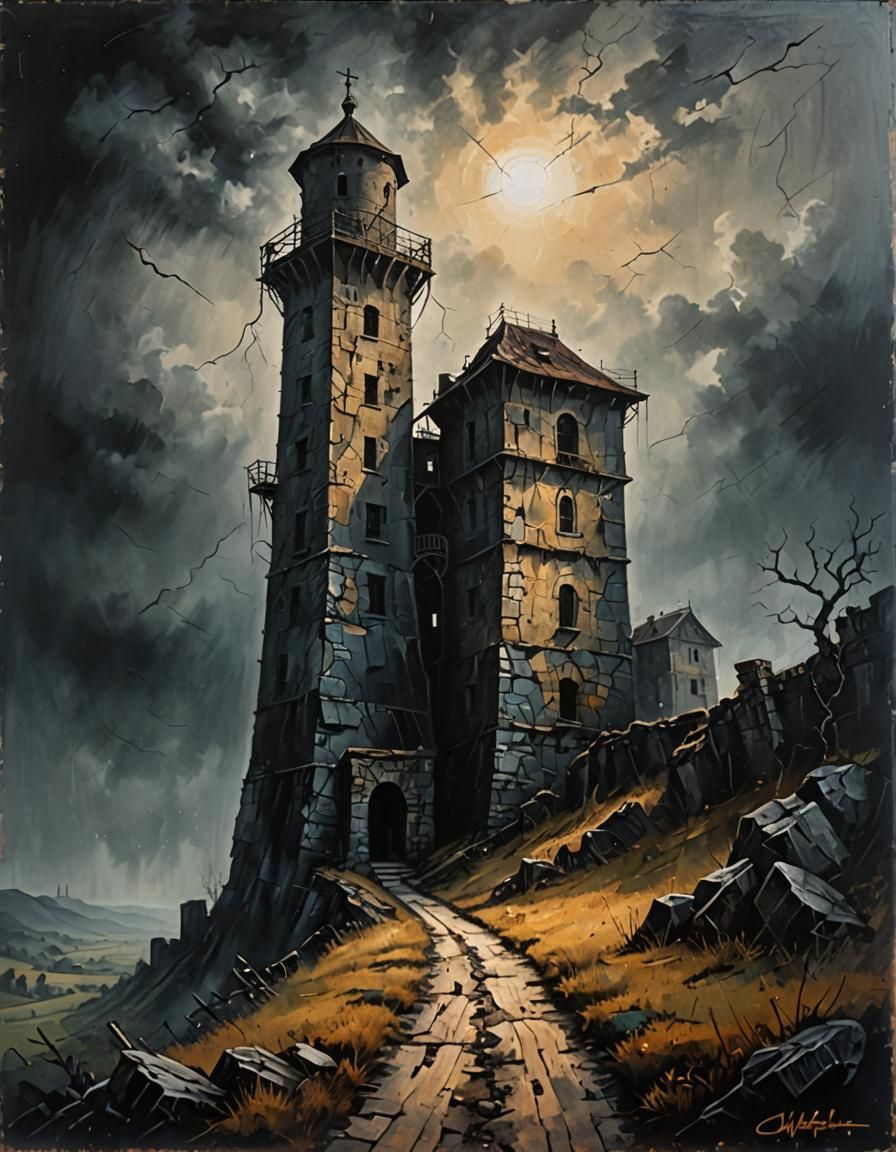 Historic Watchtowers in Dark Fantasy Landscape