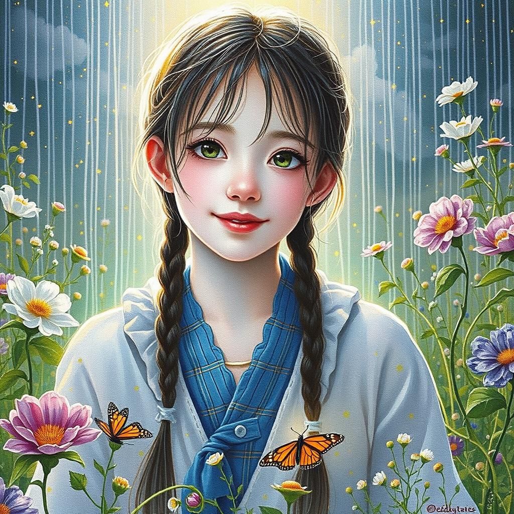 Girl with Butterfly in Watercolor and Pastel Hues