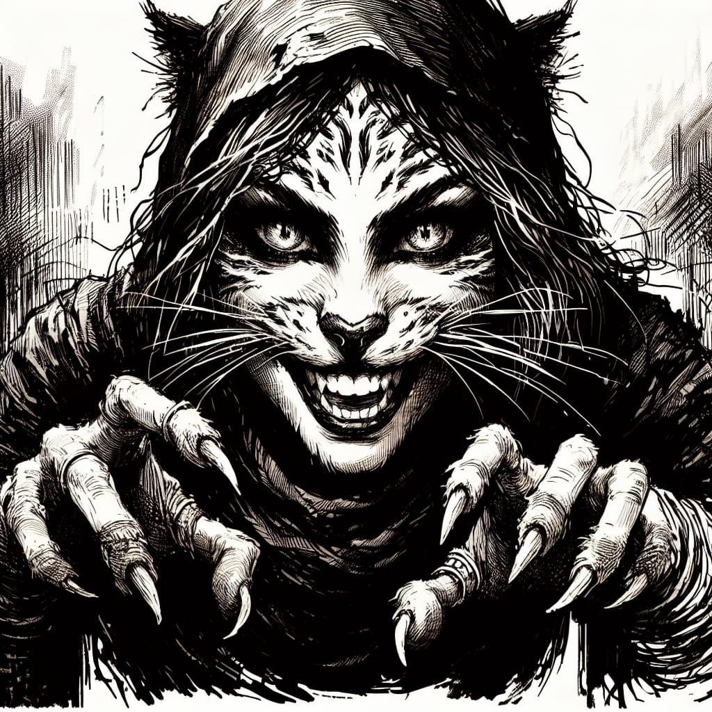 Fierce Feline Brawler in Dark Fantasy Inking Style