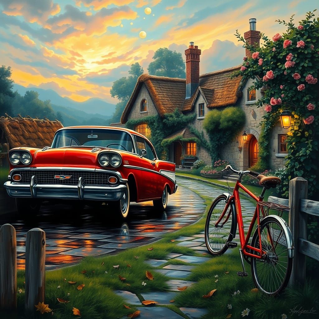Peaceful Country Scene with Ruby-Red Chevrolet Bel Air