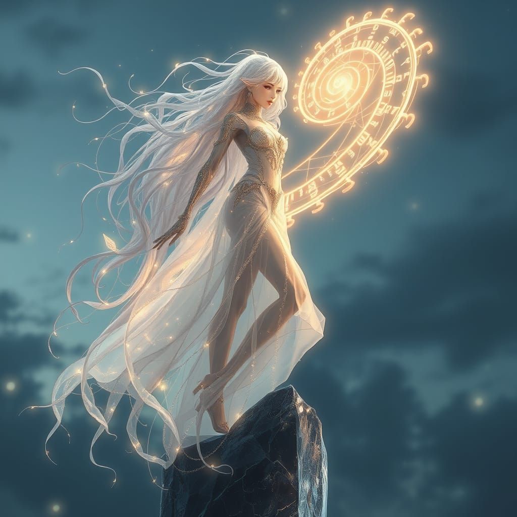 Cyborg Time Keeper on Crystal Pillar in Anime Style