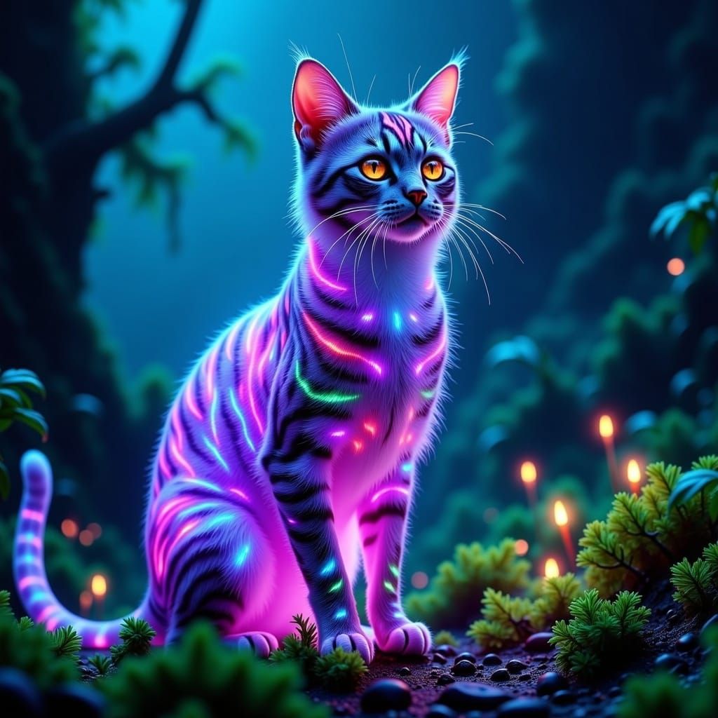 Iridescent Tiger Cat Radiates Lavender Glow in Dreamlike For...