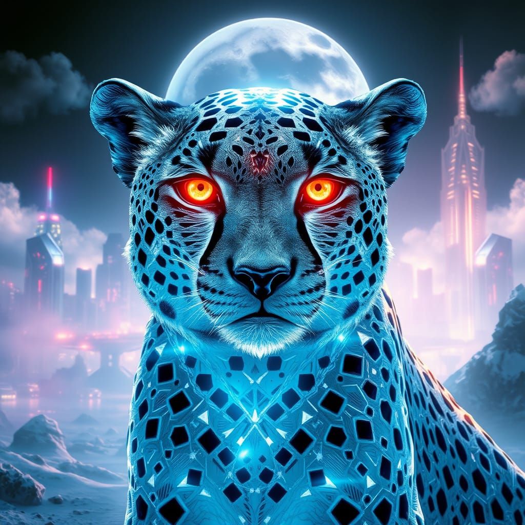 Majestic Cheetah Frozen in Crystal, Refracting Colors in Cyb...