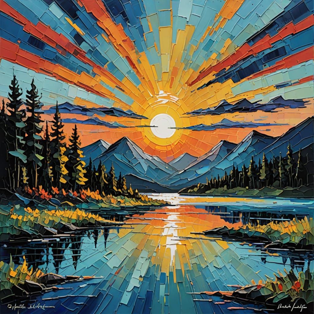 Sunrise Over Crystal Lake as Impasto Painting
