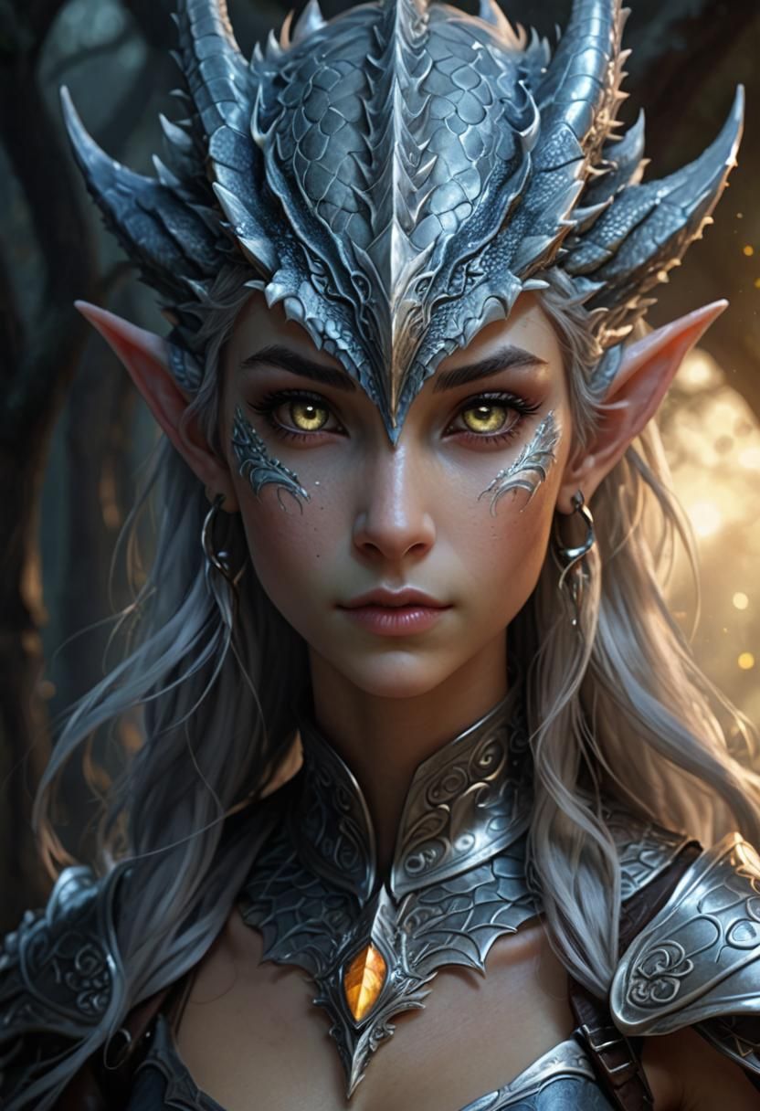 Beautiful female elf silver dragon hybrid