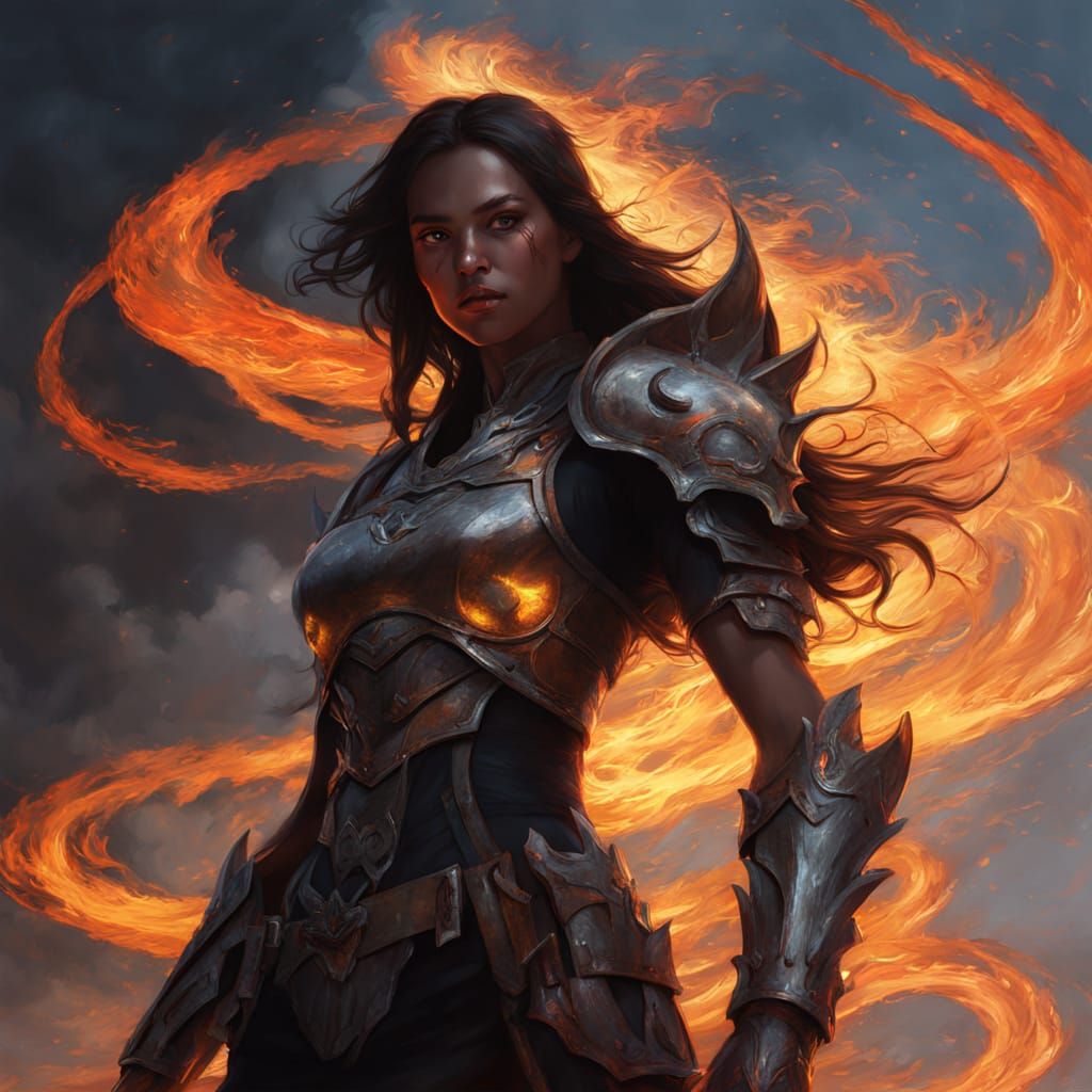 Goddess On Demon Helm Fiery Fantasy Digital Painting