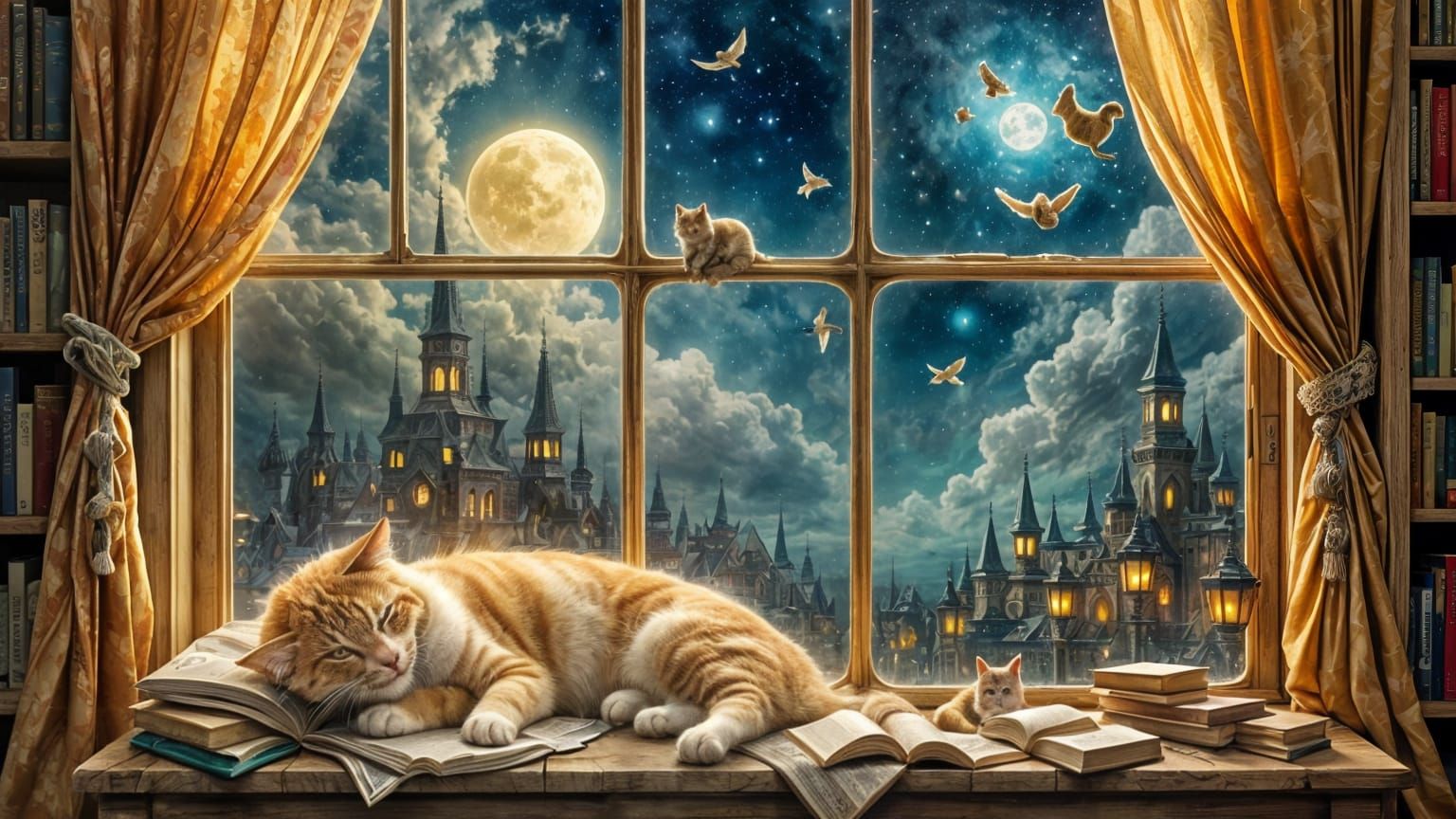 Four Sleeping Cats in Enchanted Window Dreamscape