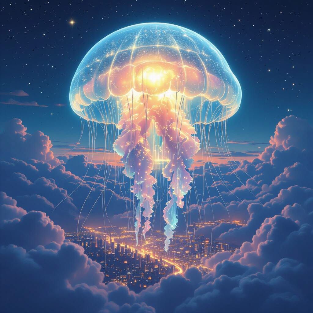 Bioluminescent Jellyfish Over Cityscape In Dreamlike Style