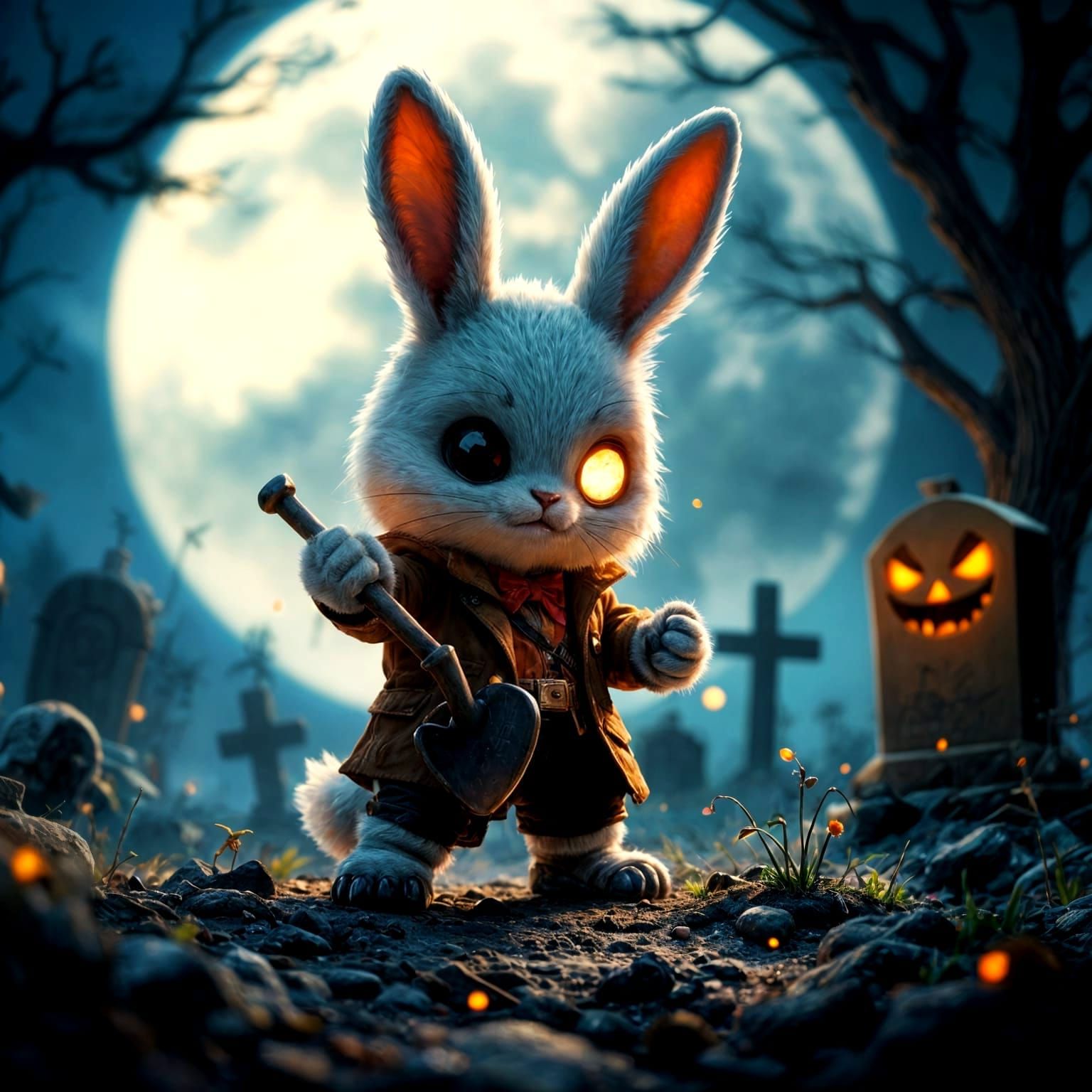 Whimsical Chibi Grave Digger Under Full Moonlight