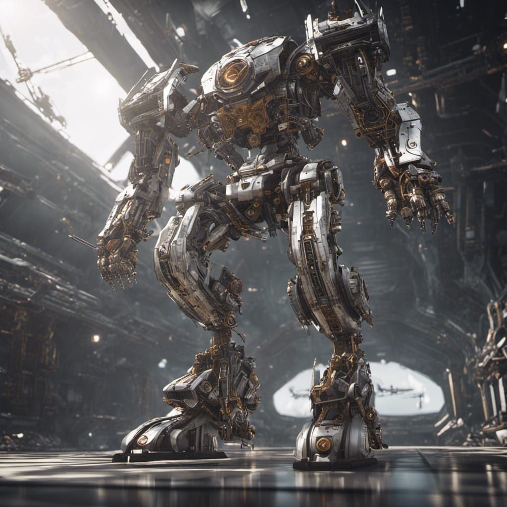 Mechanical Robot with Clockwork Sword Stepping from Spaceshi...