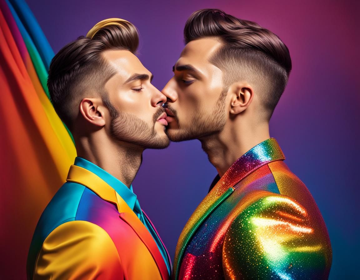 Rainbow Kiss: Two Men in Love, Hyperrealistic Splash Art