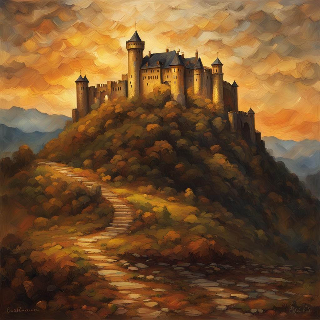 Grunge Oil Painting of Castle at Golden Hour