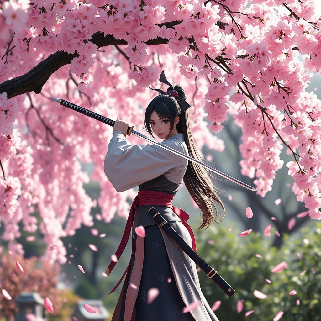 Warrior Amidst Cherry Blossoms in Spring Garden